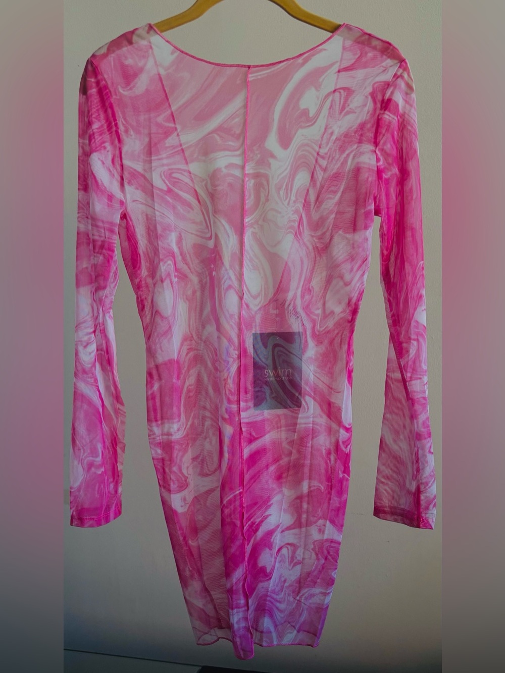 Naked Wardrobe Swim Mesh Pink Marble-Print Long Sleeve Resort Swim Coverup Small